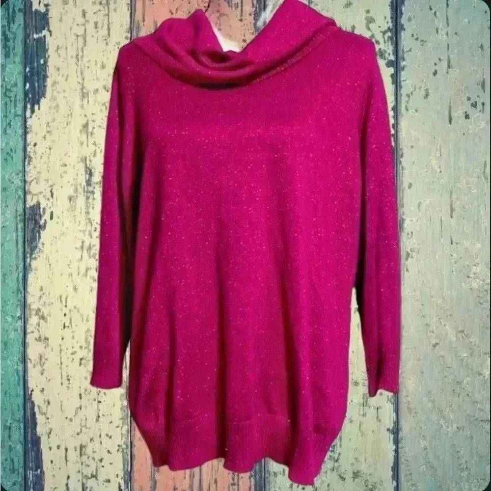 Woman’s Appleseeds pink metallic shiny cowl neck sweater top shirt blouse